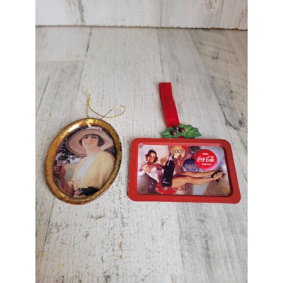 Vintage Coca-Cola girl drinking rustic Xmas ornament set Coke - Picture 5 of 8